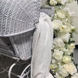 Vintage White Chippy Wicker Baby Buggy Stroller