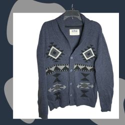 Urban Pipeline Denim Blue w Geometric Designs Button Cardigan Sweater Men L