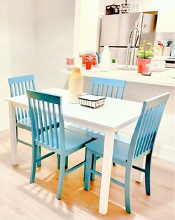 Modern White Dining Table & 4 Blue Chairs – Great Condition