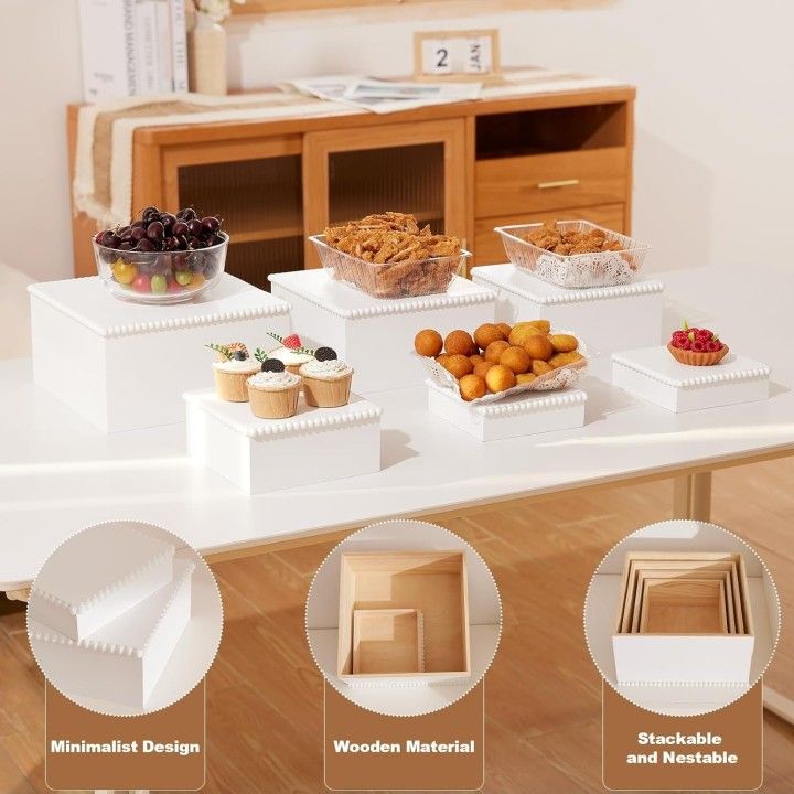 New 6 Pcs White Wooden Cake Stand Buffet Food Risers 6pcs Set for Buffet Table