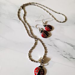 Ladybug Necklace Pendant Earrings Set Handmade