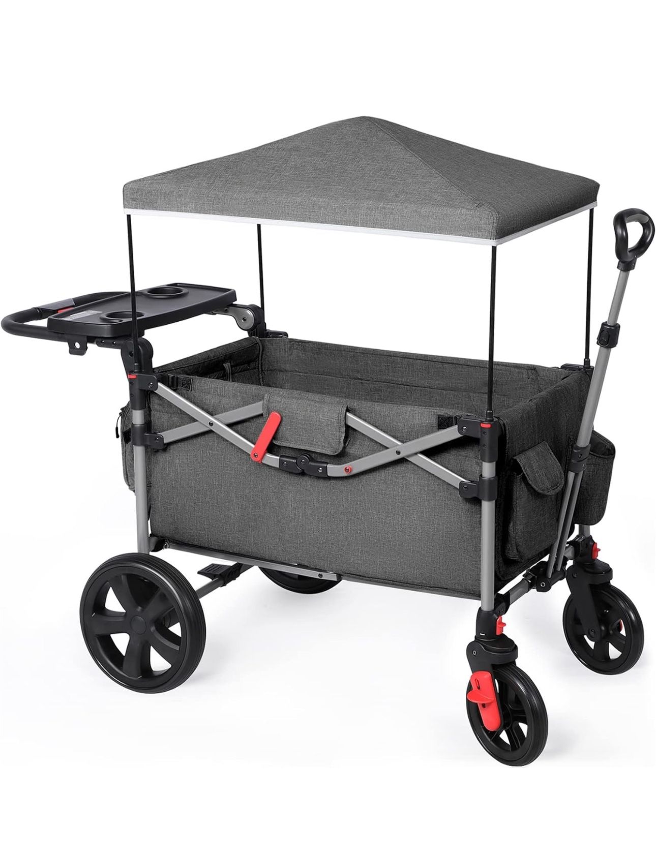EVER ADVANCED Foldable Wagons for Two Kids & Cargo, Collapsible Folding Wagon Stroller with Adjustable Handle Bar,Removable Canopy with 5-Point Harnes