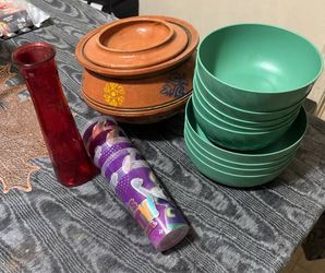 Handmade clay stone ware pot , picnic set, chuck e cheese glass , glass vase