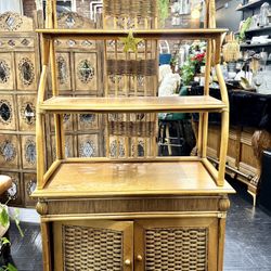 Vintage Boho Wicker and Rattan Etagere with Cabinet Base, Detached doors