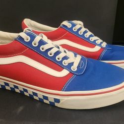Up for sale Vans Skateboard Shoes Mens 10.5 Blue Red BMX Checkerboard Style 36 Low Top Canvas, Great For 4th Of July 
