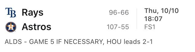 Astros vs Tampa Bay Game 5 Thursday 10/10 6PM