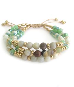 *SALE PRICE* Multi Facet Green Gold Stone Bead 3 Layer Pull Tie Bracelet *See My Other 600 Items*