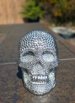 Silver Rhinestone Bling Skull Decor Figurine – 5.25" Glam Gothic Tabletop Accent