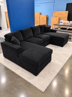 Black Corduroy U-Shaped Sectional Sofa Couch