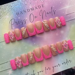 Short square Press on nails rhinestones acrylic flowers pink glitter French tip