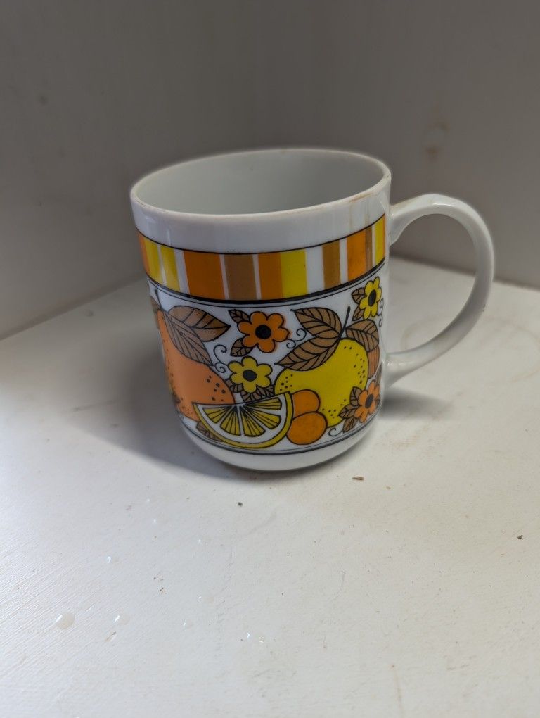 Vintage 1970s Retro Coffee Cup Mugs Orange Green Blue Stripes Fruit Flowers