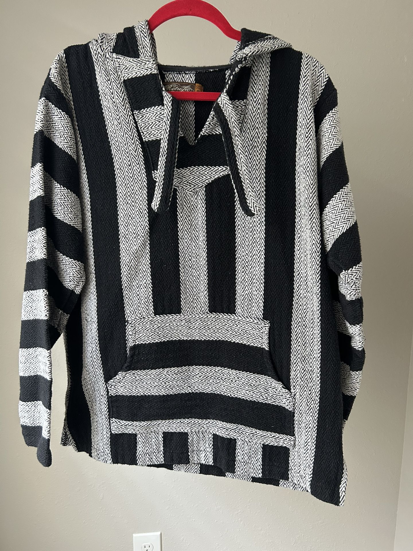 Retrofit Baja Poncho Adult Black White Striped Pullover Hooded Hippie Surfer