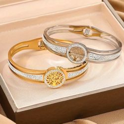 Stainless Steel Bangle, Tree Of Life With Stone Wristband   And Silver