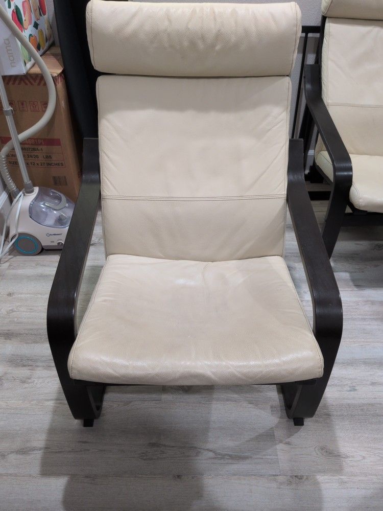 Pair of IKEA POÄNG Leather Chairs (Aged White/Cream) - Super Comfortable