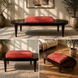Custom Solid Wood Cocktail Bench / Coffee Table – 62” MCM Oval w/ Cushion | Designer Piece