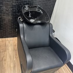 2 Black Faux Leather Chairs And Wash Bowls. 