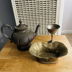 Vintage Brass/Copper Genie Teapot, Goblet And Bowl Lot