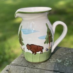 Stoneware Specialties Bison Buffalo Pitcher Pottery Vase 7.5" Tall X 7" Wide Vtg