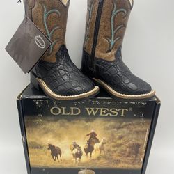 Old West Black/Tan Toddler Boys Faux Leather Croc Cowboy Boots Size4
