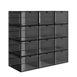 Shoe Boxes, Clear Shoe Organizers, Set of 12, Plastic Shoe Storage with Clear Door, Easy Assembly, up to US Size 12, Black ULSP032