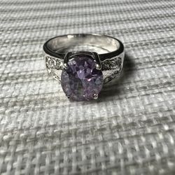 Elegant Silver Tone Ring with Lavender CZ – Size 9 (EU 19)