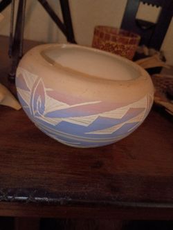 Vintage Navajo Etched Pottery Bowl Signed Ray Native American Southwestern Seed Pot