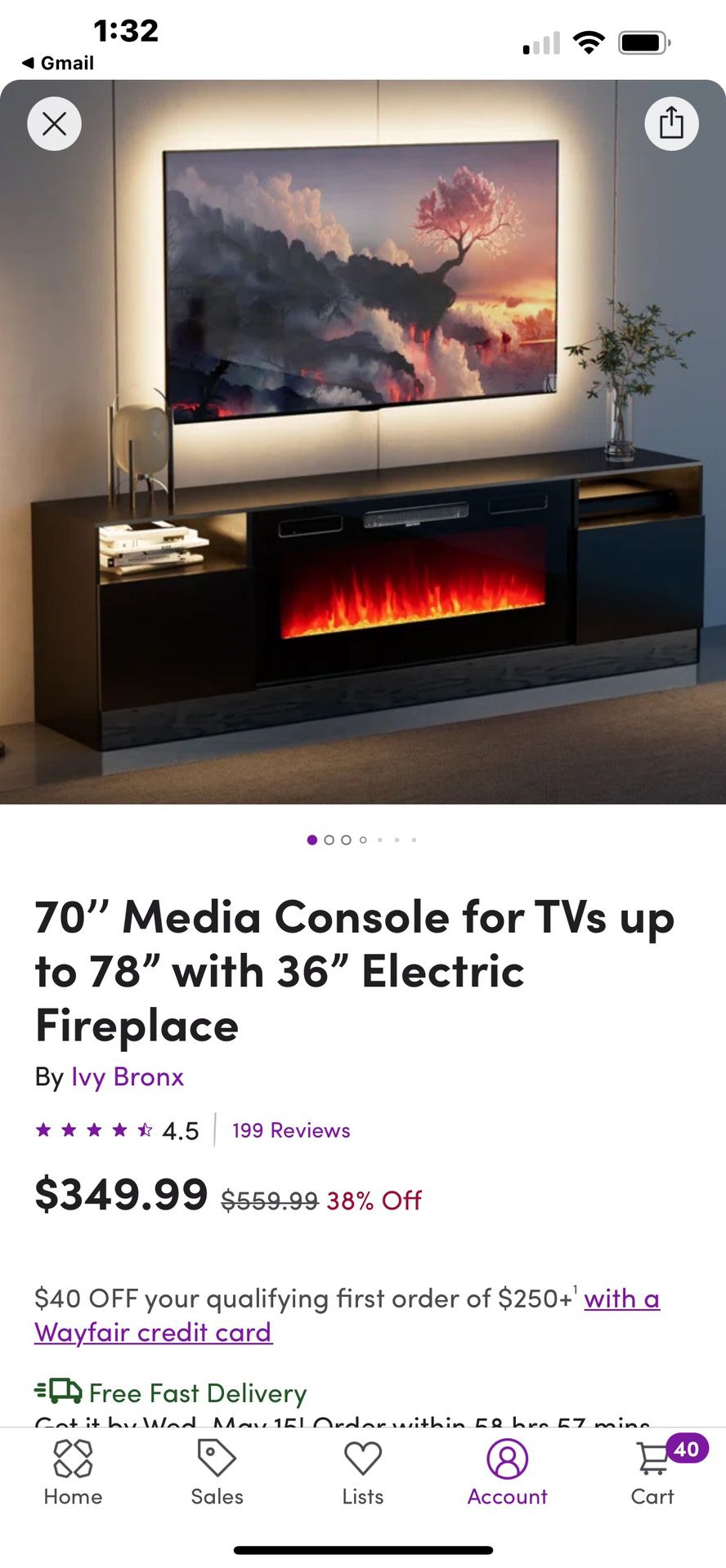 IVY BRONX 70” Media Console for TVs up to 78” with 36” Electric Fireplace
