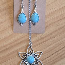 Turquoise Earrings Turquoise Flower Necklace Gift Set Bohemian Chic Handmade NEW