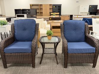 Outdoor Furniture Set Patio Wicker Chairs, 3 Peices Porch Rattan Furniture with Side Table, Deep Seating Patio Bistro Chair Sets (Blue Cushion)  💰178