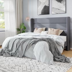  Full Size Velvet Bed Frame/Vertical Channel Tufted Wingback Headboard/Upholstered Platform Bed with Wooden Slats/Mattress Foundation/No Box 