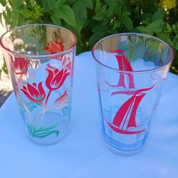 TUMBLERS. RED TULIPS AND RED SAILBOAT,  GLASS