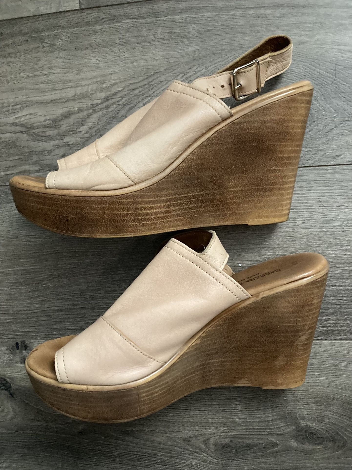 Barbara Barbieri Leather Wedge Slingback Peep Toe Sandals Sand Beige 9.5