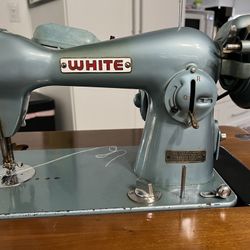 White Sewing Machine In Cabinet With Stool