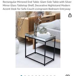 Rectangular Mirrored End Table: Glam Side Table with Silver Mirror Glass Tabletop Shelf, Decorative Nightstand Modern Accent Desk for Sofa Couch Livin