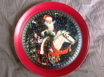 Vintage Santa Claus and Horse Metal Serving Tray with artwork by Lynn Bywaters, dated 1992.