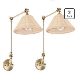 Woven Hardwiring Wall Sconce Set of 2, Rattan Swing Arm Wall Lamp, Gold Vintage Bedside Light Fixture, Hand Woven Boho Sconces for Bedroom, Living Roo