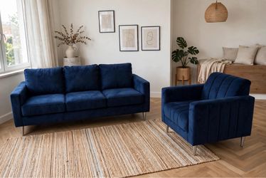 MODERN NAVY BLUE VELVET LIVING ROOM SET - 2 PIECE! 💙