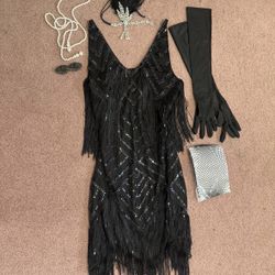 New Small Black Beaded Flapper Dress Costume Nye Evening Cocktail Gown Accessories 