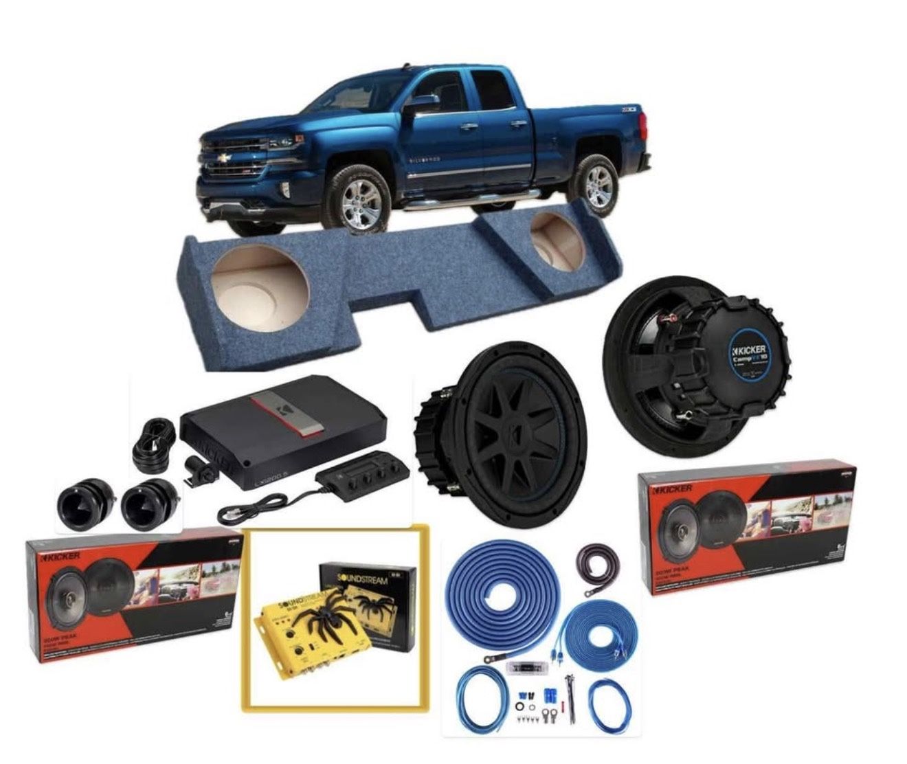 SILVERADO OR SIERRA EXTENDED CAB 2014-2018 BASS AND VOICE PACKAGE KICKER INSTALLED