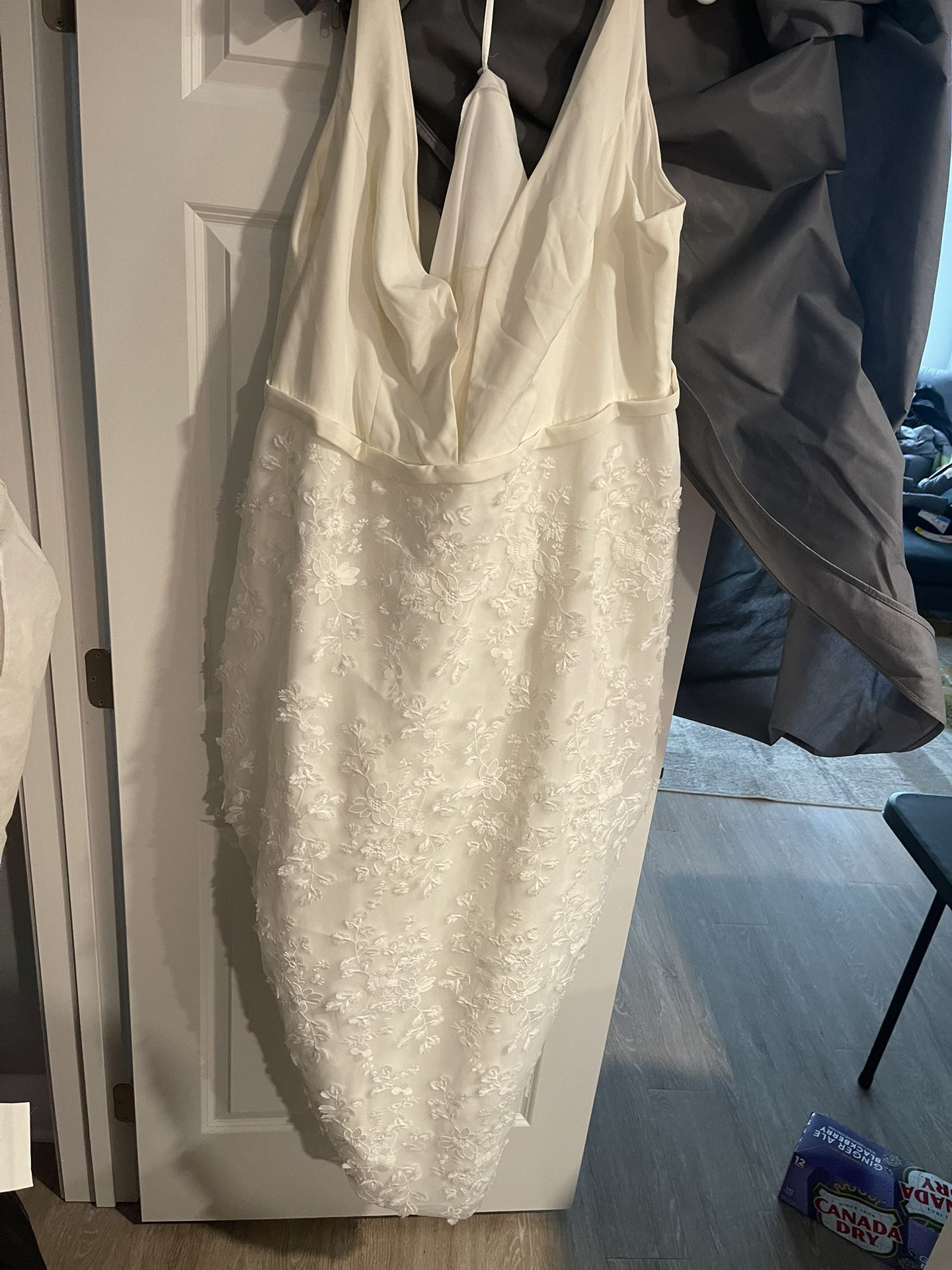 Soft white wedding dress with 3D flora print