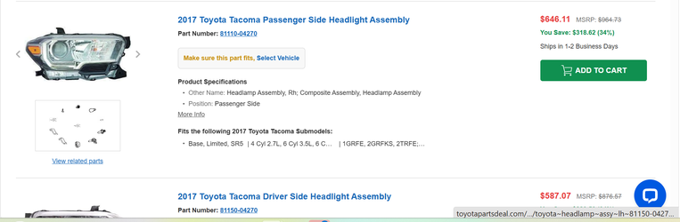 2016-2023 Toyota Tacoma Passenger right side headlight