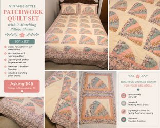 Vintage style patchwork quilt with 2 matching pillow shams. 80 x 82
