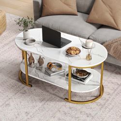 Oval Coffee Table - 2-Tier Wooden Accent Table with Spacious Tabletop & Open Storage Shelf, White