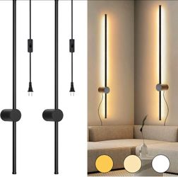 Modern Plug in Wall Sconce Set of 2, 39.4 Inches 3 Color(3000K/4500K/6000K), Black Wall Lamp with Plug in Cord, Minimalist Decor LED Wall Lamp for Liv