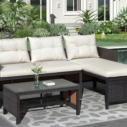 3-Piece Outdoor Rattan Sectional Sofa Set with cushions, Patio Wicker Rattan Conversation Furniture Set, Steel Frame & Seat Cushion, Perfect for Garde