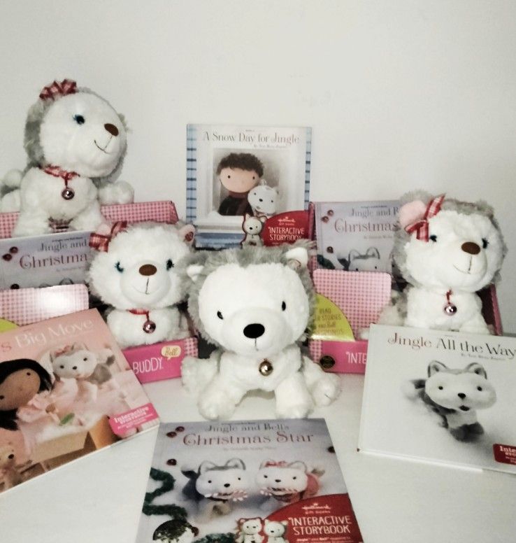 Hallmark Interactive Story Buddies Jingle & Bell Husky Dog Plush Toys With 6 Books !