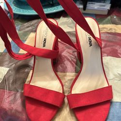 Fashion Nova LIKE NEW Slip On Open Back RED BLOCK HEELS Women’s Size 10 Straps