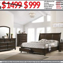 4pc Bedroom Set $999 Queen $1129 Eastern King Includes bedframe Dresser mirror nightstand Brown Bedroom Set