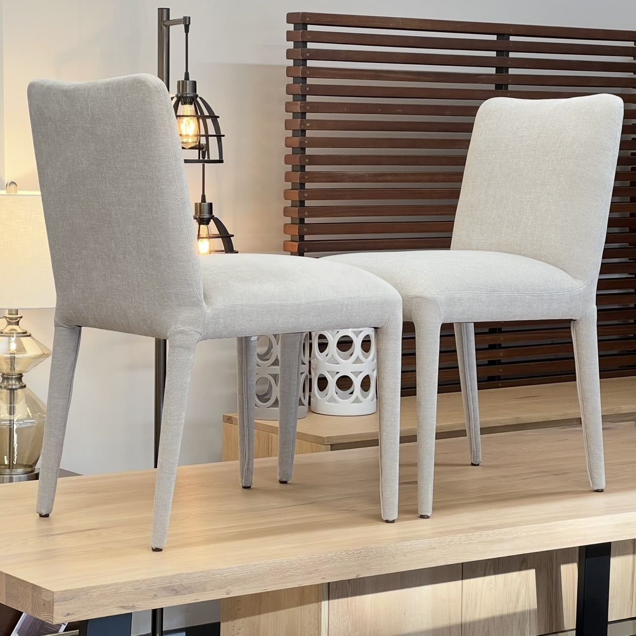 2 X Brand New Pottery Barn Fully Upholstered Dining Chairs in Soft Fabric (Retail $1,000)