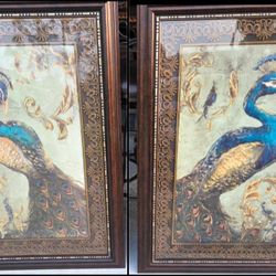 2 Beautiful wood framed peacocks